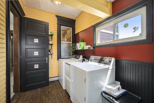210 E St, Three Rivers, MI 49093 - laundry area featuring independent washer and dryer, dark wood-style floors, wood walls, and a wainscoted wall