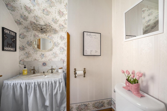 210 E St, Three Rivers, MI 49093 - half bathroom with a sink, wallpapered walls, and toilet