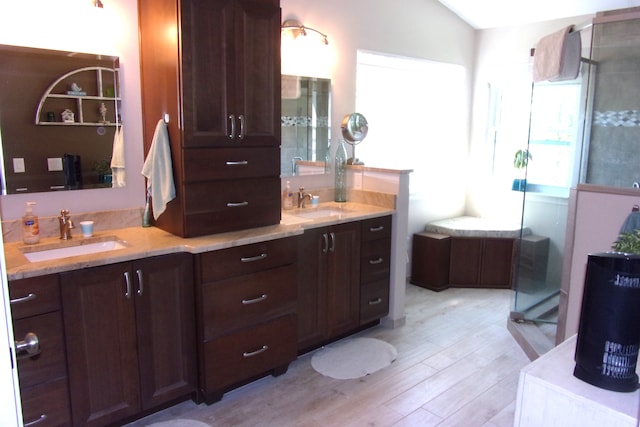 3163 W Ridge Ct, Commerce Twp, MI 48390 - bathroom with wood finished floors, a stall shower, and double vanity