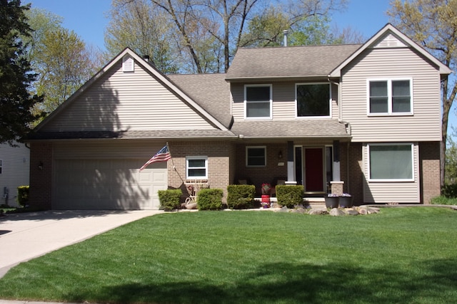 3163 W Ridge Ct, Commerce Twp, MI 48390 - view of front facade featuring an attached garage, brick siding, a shingled roof, a front yard, and driveway