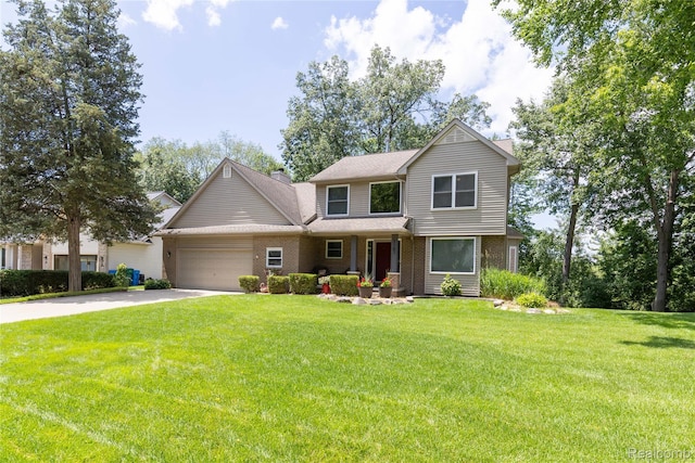 3163 W Ridge Ct, Commerce Twp, MI 48390 - view of front of property featuring a garage, driveway, a front lawn, and brick siding