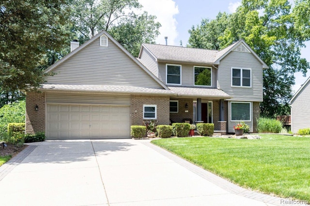 3163 W Ridge Ct, Commerce Twp, MI 48390 - view of front of home with a garage, brick siding, concrete driveway, and a chimney