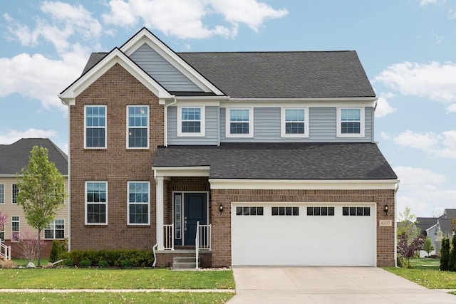 view of front facade with concrete driveway, brick siding, and a garage
