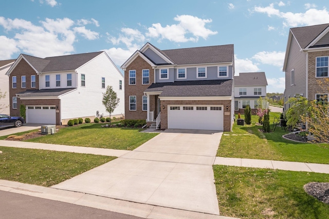 view of front of house featuring an attached garage, brick siding, concrete driveway, and a front yard