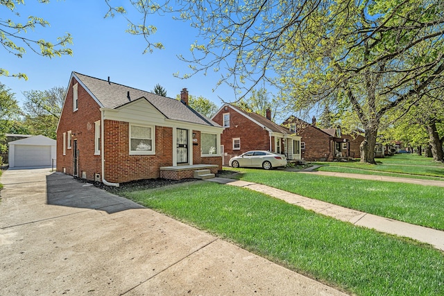 bungalow with a chimney, brick siding, an outdoor structure, a front lawn, and a detached garage