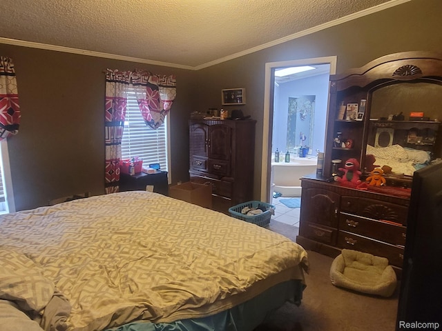 3092 Durant Hts, Grand Blanc, MI 48507 - bedroom featuring a textured ceiling, ornamental molding, carpet, and connected bathroom