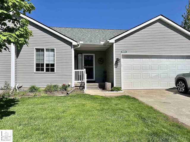 9304 Orchard Ct, Davison, MI 48423 - ranch-style home with a front lawn, a shingled roof, driveway, and a garage