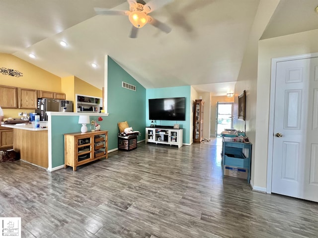 9304 Orchard Ct, Davison, MI 48423 - living area with vaulted ceiling, a ceiling fan, dark wood-type flooring, and baseboards