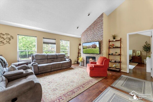 25345 Hunter Ln, Flat Rock, MI 48134 - living room with high vaulted ceiling, healthy amount of natural light, a stone fireplace, wood finished floors, and a textured ceiling
