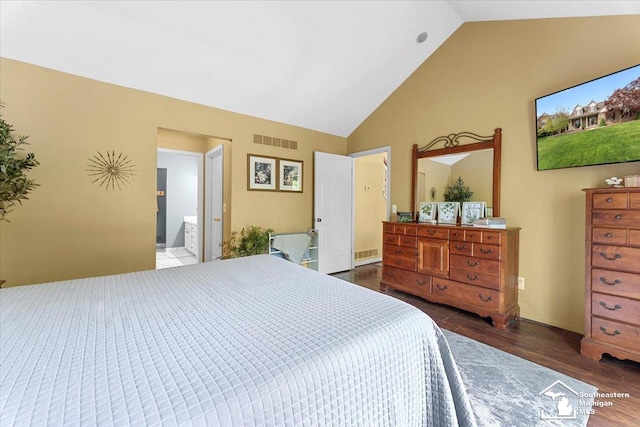 25345 Hunter Ln, Flat Rock, MI 48134 - bedroom featuring wood finished floors, high vaulted ceiling, and ensuite bath