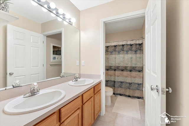 25345 Hunter Ln, Flat Rock, MI 48134 - full bath with tile patterned floors, toilet, double vanity, and curtained shower