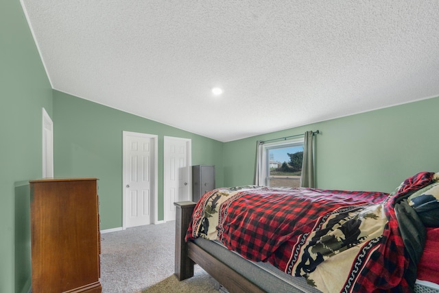 3311 5 Mile Rd, Sears, MI 49679 - carpeted bedroom featuring a textured ceiling, lofted ceiling, and recessed lighting