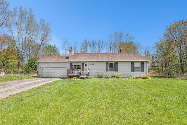 6606 Preston Rd, Howell, MI 48855 - ranch-style home with driveway, a chimney, a garage, and a front lawn
