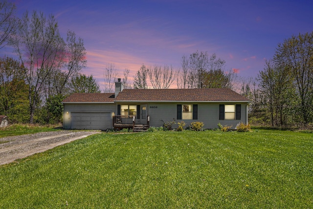 6606 Preston Rd, Howell, MI 48855 - single story home with dirt driveway, a chimney, a garage, and a front yard