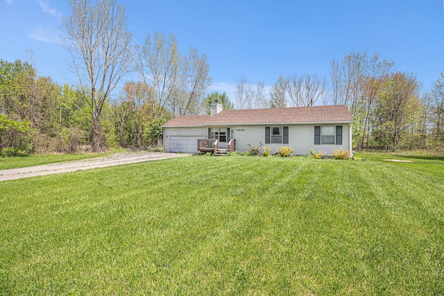 6606 Preston Rd, Howell, MI 48855 - ranch-style house with dirt driveway, an attached garage, a chimney, and a front lawn