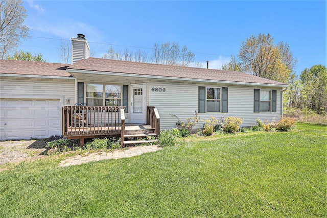 6606 Preston Rd, Howell, MI 48855 - ranch-style house with a chimney, covered porch, a front lawn, an attached garage, and roof with shingles
