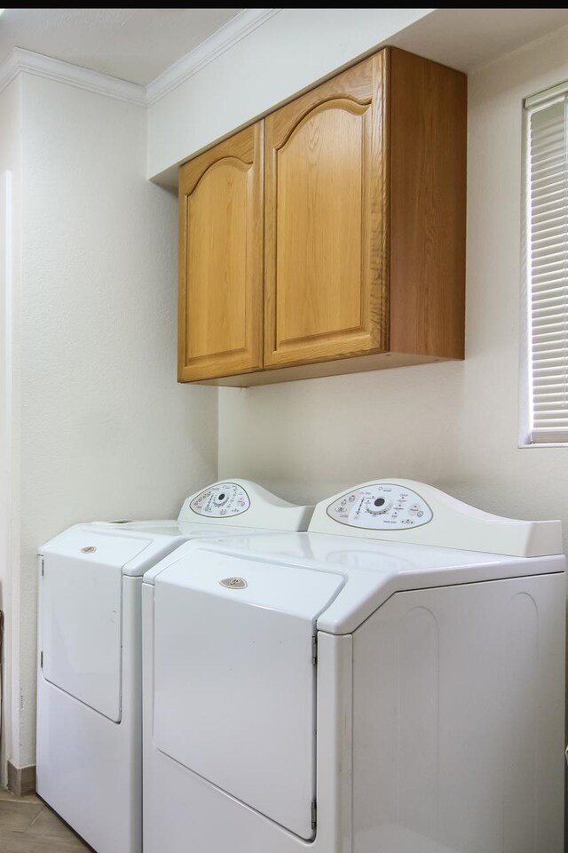 12225 SW Torch Lake Dr SW, Rapid City, MI 49676 - washroom with cabinet space, separate washer and dryer, and ornamental molding