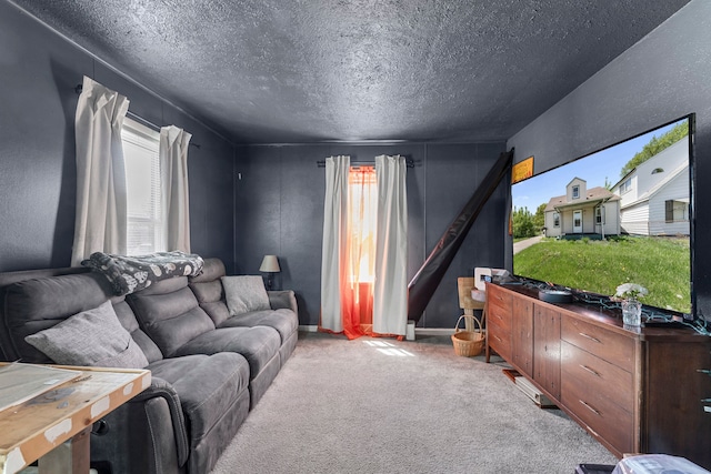 living area with carpet and a textured ceiling