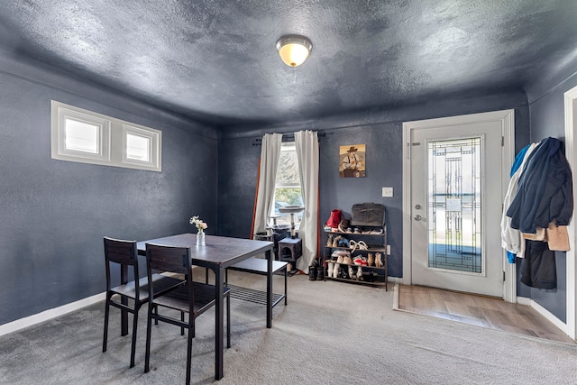 carpeted dining area featuring plenty of natural light, a textured wall, baseboards, and a textured ceiling