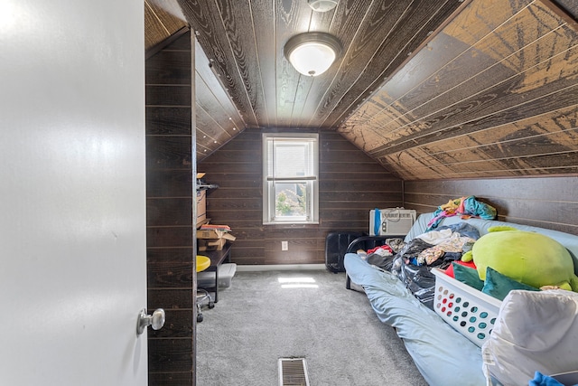 additional living space featuring wooden walls, carpet, lofted ceiling, and wood ceiling