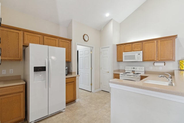 36160 Abbey Dr, Westland, MI 48185 - kitchen featuring white appliances, a sink, high vaulted ceiling, light countertops, and brown cabinets
