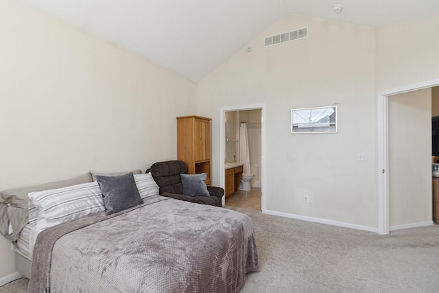 36160 Abbey Dr, Westland, MI 48185 - bedroom featuring baseboards, light colored carpet, high vaulted ceiling, and connected bathroom