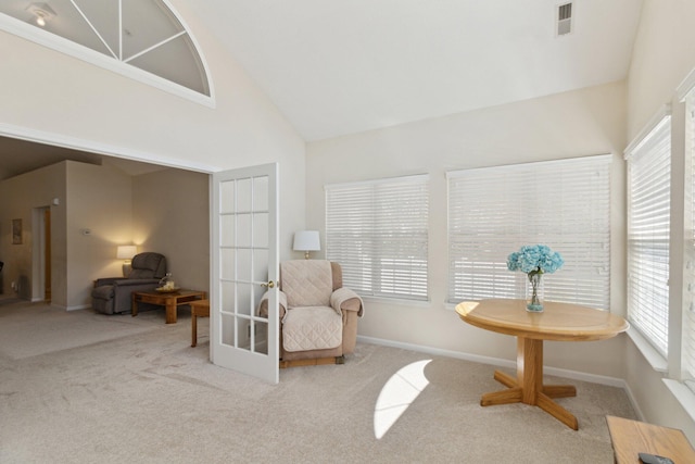 36160 Abbey Dr, Westland, MI 48185 - sitting room featuring carpet floors, healthy amount of natural light, french doors, and high vaulted ceiling