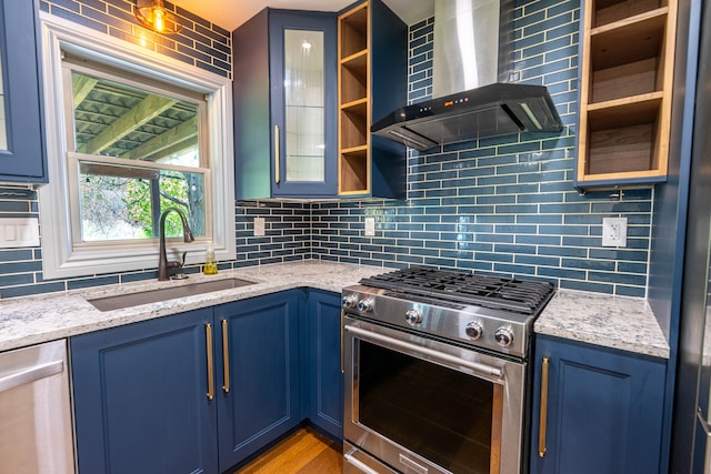 3484 Lakeshore Dr, Monroe, MI 48162 - kitchen featuring stainless steel appliances, wall chimney exhaust hood, a sink, and blue cabinets