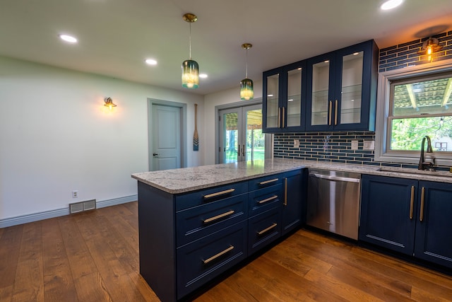 3484 Lakeshore Dr, Monroe, MI 48162 - kitchen featuring dishwasher, a sink, a peninsula, blue cabinetry, and glass insert cabinets