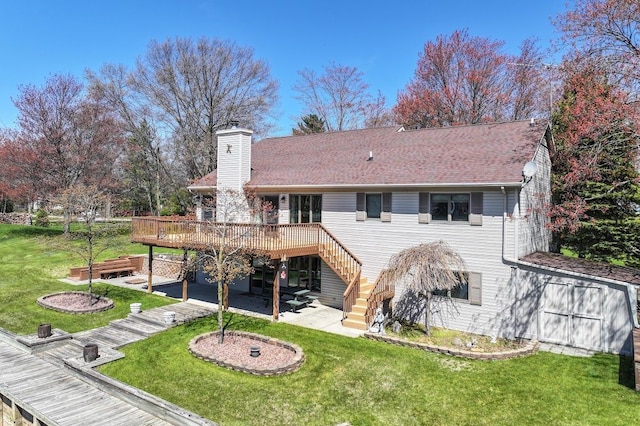 8439 Shoshoni Pass, Pigeon, MI 48755 - rear view of property featuring a patio, a deck, stairs, a chimney, and a lawn