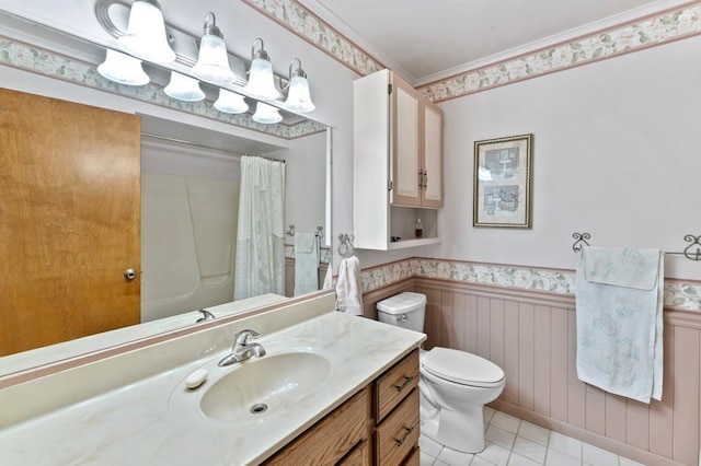 8439 Shoshoni Pass, Pigeon, MI 48755 - full bath with a wainscoted wall, toilet, tile patterned floors, a shower with curtain, and vanity