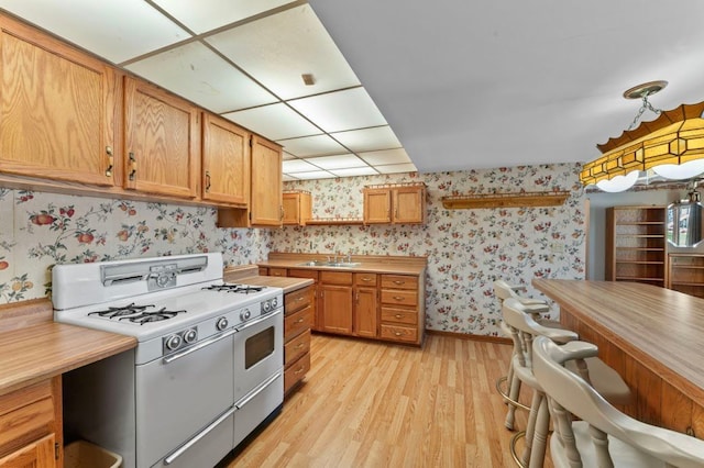 8439 Shoshoni Pass, Pigeon, MI 48755 - kitchen with range with two ovens, wallpapered walls, light wood-style flooring, light countertops, and baseboards