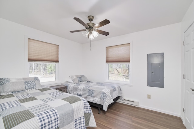 2073 Gunn Rd, Manistee, MI 49660 - bedroom with electric panel, a baseboard radiator, multiple windows, and wood finished floors