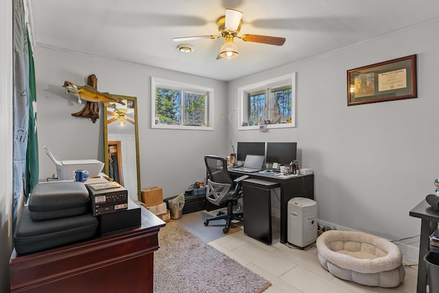 office area featuring a ceiling fan and light tile patterned flooring