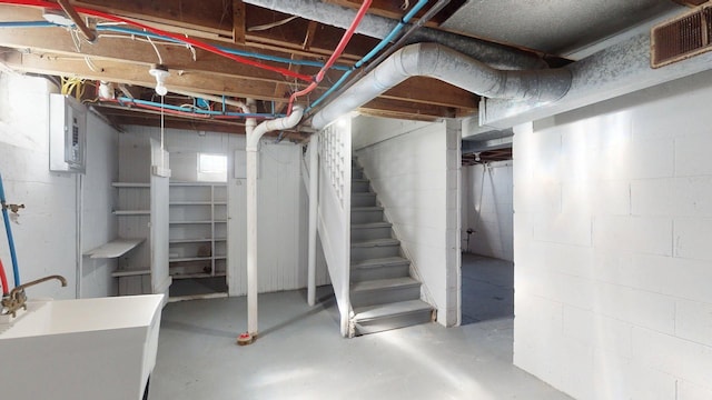 20026 Joann St, Detroit, MI 48205 - unfinished below grade area featuring electric panel, stairs, and a sink