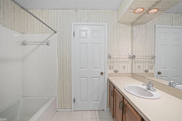 full bath featuring tile patterned floors, vanity, and shower / tub combo with curtain