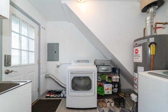 laundry room featuring electric panel and gas water heater