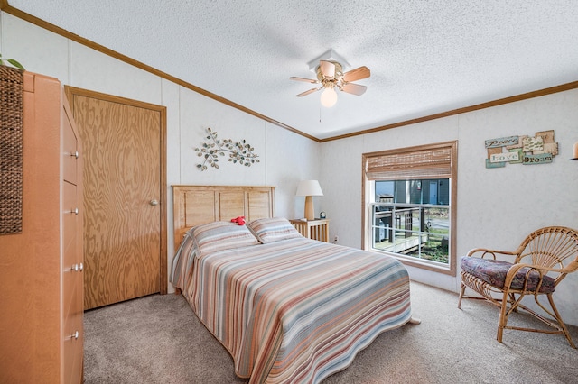 19251 Indian Dr, Paris, MI 49338 - bedroom with carpet flooring, crown molding, a textured ceiling, lofted ceiling, and a ceiling fan
