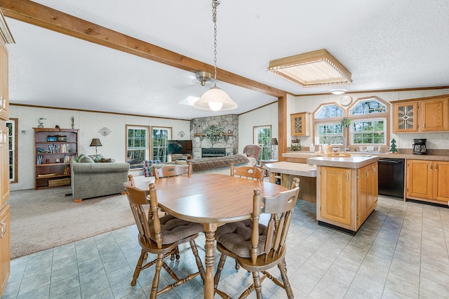 19251 Indian Dr, Paris, MI 49338 - dining space with a stone fireplace, healthy amount of natural light, ornamental molding, a textured ceiling, and light carpet