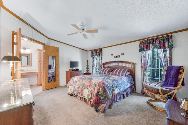 19251 Indian Dr, Paris, MI 49338 - bedroom with crown molding, light colored carpet, vaulted ceiling, a textured ceiling, and ensuite bath