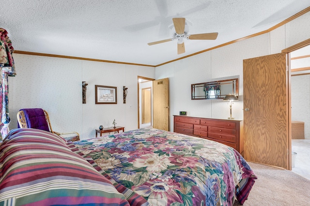 19251 Indian Dr, Paris, MI 49338 - bedroom featuring crown molding, vaulted ceiling, carpet, a textured ceiling, and ceiling fan