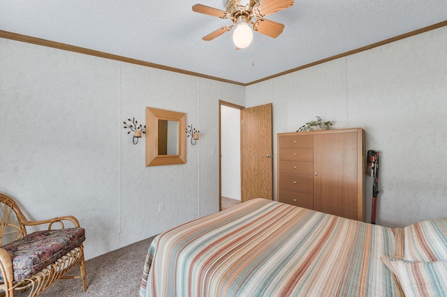 19251 Indian Dr, Paris, MI 49338 - bedroom featuring carpet floors, crown molding, a textured ceiling, and ceiling fan
