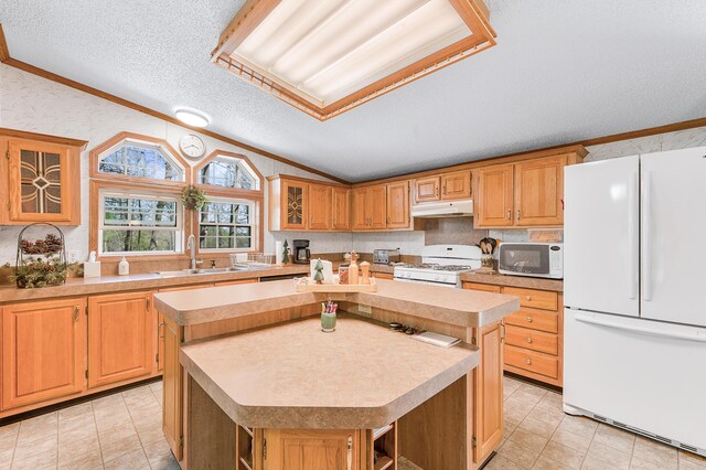 19251 Indian Dr, Paris, MI 49338 - kitchen with white appliances, a sink, under cabinet range hood, a center island, and light countertops