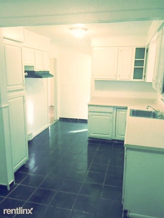 20244 Fairport St, Detroit, MI 48205 - kitchen featuring a sink, white cabinetry, dark tile patterned flooring, light countertops, and under cabinet range hood