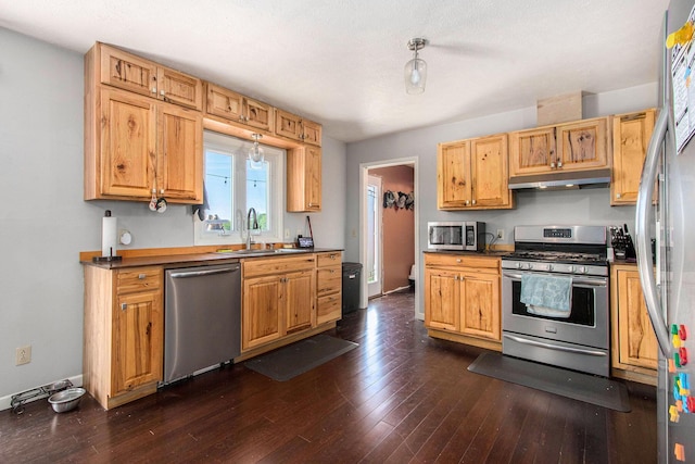 kitchen with appliances with stainless steel finishes, under cabinet range hood, a sink, dark wood-style floors, and dark countertops