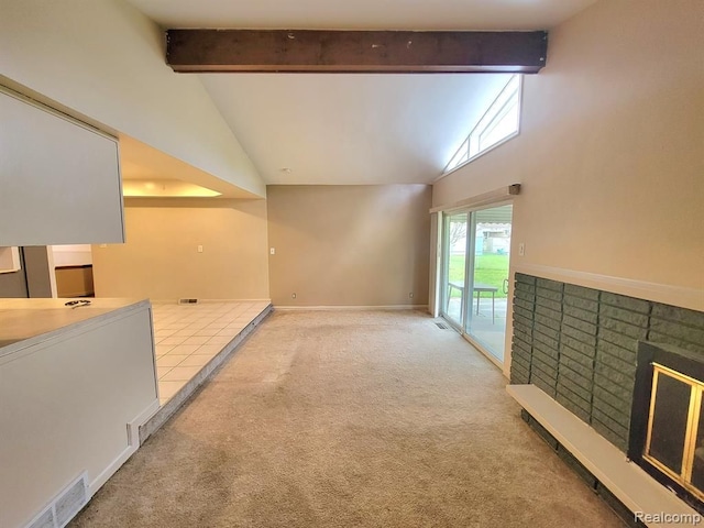 28142 Liberty Dr, Warren, MI 48092 - unfurnished living room with beam ceiling, carpet floors, high vaulted ceiling, a fireplace, and baseboards
