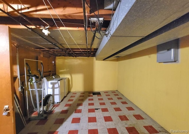 28142 Liberty Dr, Warren, MI 48092 - unfinished below grade area featuring separate washer and dryer, tile patterned floors, and electric panel