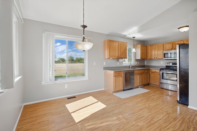 4127 Stone Post Rd, Newport, MI 48166 - kitchen with stainless steel appliances, lofted ceiling, light wood-style floors, decorative light fixtures, and baseboards