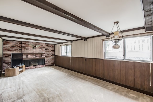 841 Driburg Dr, Commerce Twp, MI 48390 - interior space featuring wooden walls, beam ceiling, and a fireplace