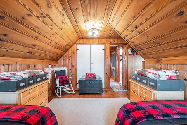 1107 E Lincoln Ave, Royal Oak, MI 48067 - bedroom with vaulted ceiling, wood finished floors, wooden walls, and wood ceiling